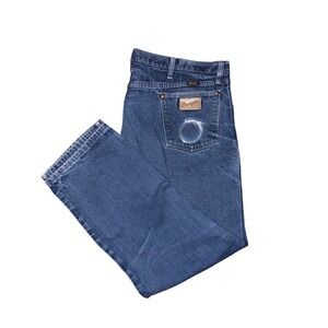 Wrangler Cowboy Cut Jeans Tobacco Tin Distressed 44x30 Blue Straight Leg Denim